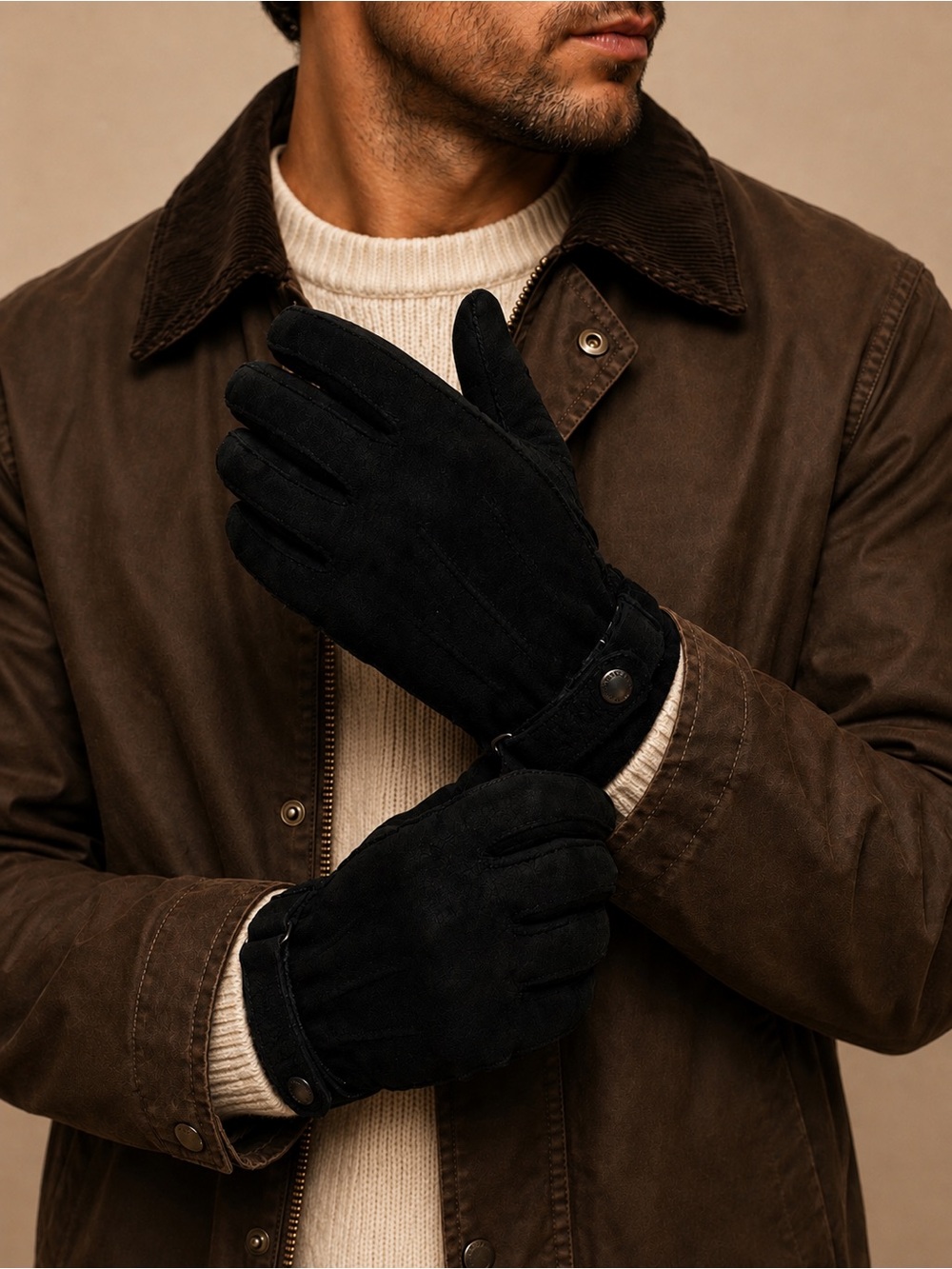 Barbour Black Suede Leather Gloves Size M Adjustable Strap - Picture 6 of 6